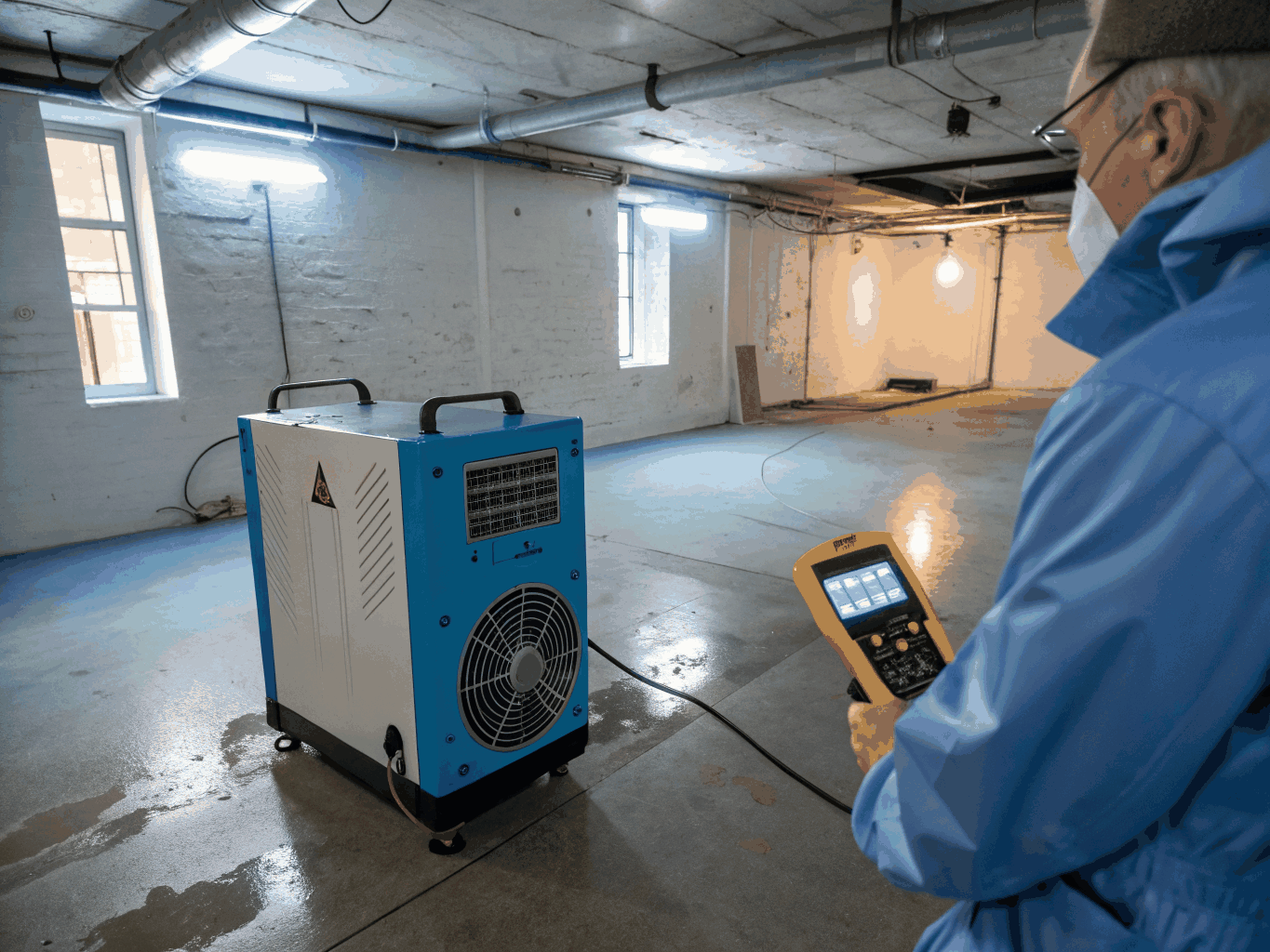 Professional LGR dehumidifiers and air movers drying a water damaged room in Pueblo